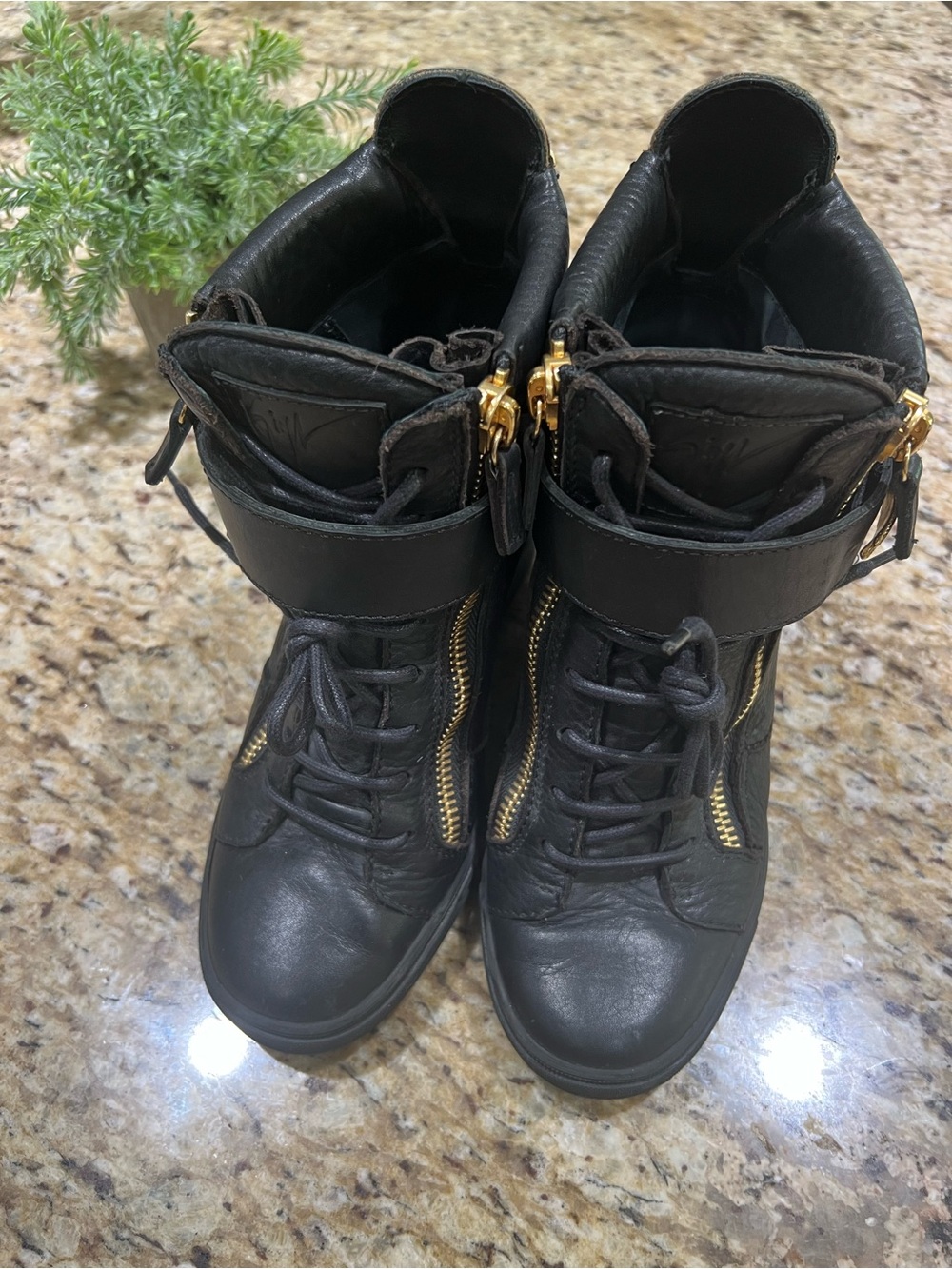 Giuseppe Zanotti Black Wedge Lace-Up Ankle Sneakers with Gold Eagle Emblem 40 - Picture 2 of 11